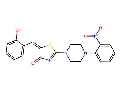 (E)-5-(2-hydroxybenzylidene)-2-(4-(2-nitrophenyl)piperazin-1-yl)thiazol-4(5H)-one structure