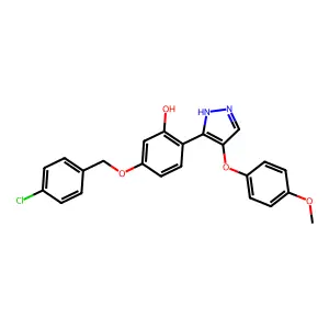 5-((4-chlorobenzyl)oxy)-2-(4-(4-methoxyphenoxy)-1H-pyrazol-3-yl)phenol structure