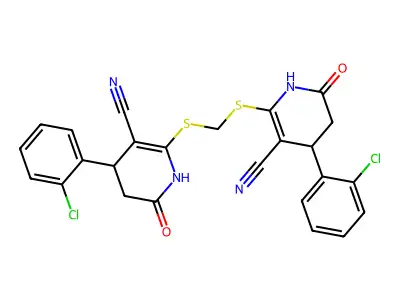 2,2'-(methylenebis(sulfanediyl))bis(4-(2-chlorophenyl)-6-oxo-1,4,5,6-tetrahydropyridine-3-carbonitrile) structure