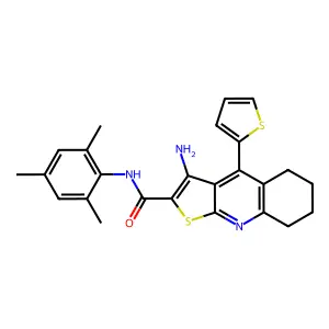 3-amino-N-mesityl-4-(thiophen-2-yl)-5,6,7,8-tetrahydrothieno[2,3-b]quinoline-2-carboxamide structure