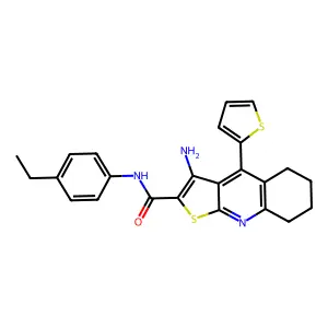 3-amino-N-(4-ethylphenyl)-4-(thiophen-2-yl)-5,6,7,8-tetrahydrothieno[2,3-b]quinoline-2-carboxamide structure