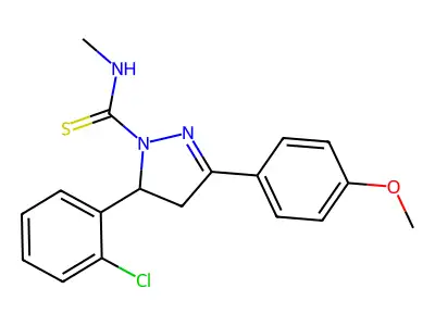 5-(2-chlorophenyl)-3-(4-methoxyphenyl)-N-methyl-4,5-dihydro-1H-pyrazole-1-carbothioamide structure