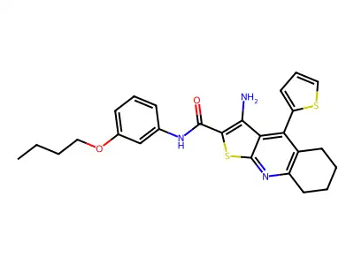 3-amino-N-(3-butoxyphenyl)-4-(thiophen-2-yl)-5,6,7,8-tetrahydrothieno[2,3-b]quinoline-2-carboxamide structure