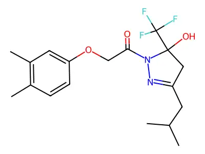 2-(3,4-dimethylphenoxy)-1-[5-hydroxy-3-(2-methylpropyl)-5-(trifluoromethyl)-4,5-dihydro-1H-pyrazol-1-yl]ethanone structure