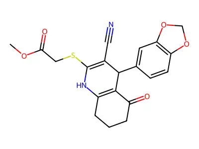 methyl 2-((4-(benzo[d][1,3]dioxol-5-yl)-3-cyano-5-oxo-1,4,5,6,7,8-hexahydroquinolin-2-yl)thio)acetate structure