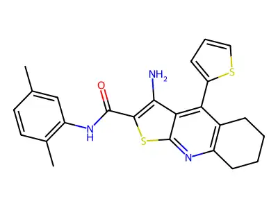 3-amino-N-(2,5-dimethylphenyl)-4-(thiophen-2-yl)-5,6,7,8-tetrahydrothieno[2,3-b]quinoline-2-carboxamide structure