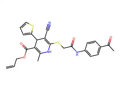 allyl 6-((2-((4-acetylphenyl)amino)-2-oxoethyl)thio)-5-cyano-2-methyl-4-(thiophen-2-yl)-1,4-dihydropyridine-3-carboxylate structure