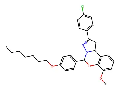 2-(4-chlorophenyl)-5-[4-(heptyloxy)phenyl]-7-methoxy-1,10b-dihydropyrazolo[1,5-c][1,3]benzoxazine structure
