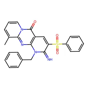 1-benzyl-2-imino-10-methyl-3-(phenylsulfonyl)-1,2-dihydro-5H-dipyrido[1,2-a:2,3-d]pyrimidin-5-one structure