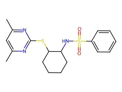 N-{2-[(4,6-dimethylpyrimidin-2-yl)sulfanyl]cyclohexyl}benzenesulfonamide structure