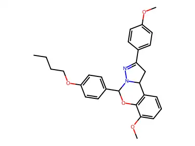 5-(4-butoxyphenyl)-7-methoxy-2-(4-methoxyphenyl)-1,10b-dihydropyrazolo[1,5-c][1,3]benzoxazine structure