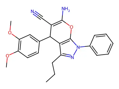6-amino-4-(3,4-dimethoxyphenyl)-1-phenyl-3-propyl-1,4-dihydropyrano[2,3-c]pyrazole-5-carbonitrile structure