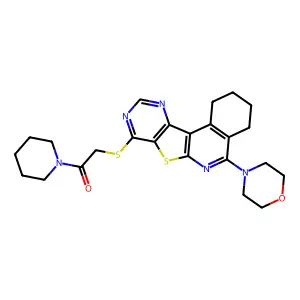 2-((5-morpholino-1,2,3,4-tetrahydropyrimido[4',5':4,5]thieno[2,3-c]isoquinolin-8-yl)thio)-1-(piperidin-1-yl)ethanone structure