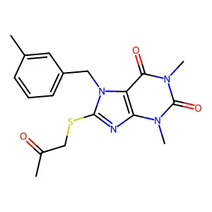 1,3-dimethyl-7-(3-methylbenzyl)-8-((2-oxopropyl)thio)-1H-purine-2,6(3H,7H)-dione structure