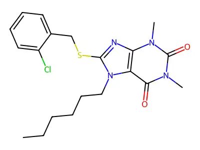 8-((2-chlorobenzyl)thio)-7-hexyl-1,3-dimethyl-1H-purine-2,6(3H,7H)-dione structure