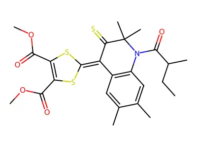 dimethyl 2-[2,2,6,7-tetramethyl-1-(2-methylbutanoyl)-3-thioxo-2,3-dihydroquinolin-4(1H)-ylidene]-1,3-dithiole-4,5-dicarboxylate structure
