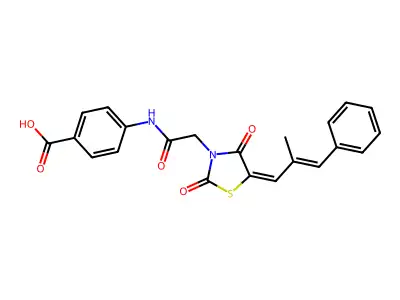 4-(2-((E)-5-((E)-2-methyl-3-phenylallylidene)-2,4-dioxothiazolidin-3-yl)acetamido)benzoic acid structure