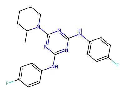 N,N'-bis(4-fluorophenyl)-6-(2-methylpiperidin-1-yl)-1,3,5-triazine-2,4-diamine structure