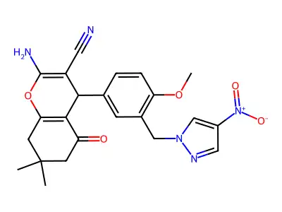2-amino-4-[4-methoxy-3-[(4-nitropyrazol-1-yl)methyl]phenyl]-7,7-dimethyl-5-oxo-6,8-dihydro-4H-chromene-3-carbonitrile structure