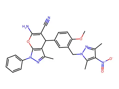 6-amino-4-[3-[(3,5-dimethyl-4-nitropyrazol-1-yl)methyl]-4-methoxyphenyl]-3-methyl-1-phenyl-4H-pyrano[2,3-c]pyrazole-5-carbonitrile structure