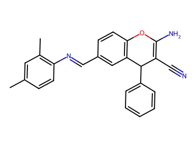 (E)-2-amino-6-(((2,4-dimethylphenyl)imino)methyl)-4-phenyl-4H-chromene-3-carbonitrile structure