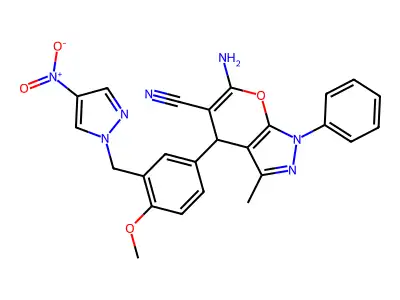 6-amino-4-[3-({4-nitro-1H-pyrazol-1-yl}methyl)-4-methoxyphenyl]-3-methyl-1-phenyl-1,4-dihydropyrano[2,3-c]pyrazole-5-carbonitrile structure