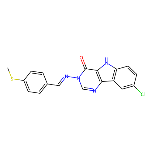 (E)-8-chloro-3-((4-(methylthio)benzylidene)amino)-3H-pyrimido[5,4-b]indol-4(5H)-one structure