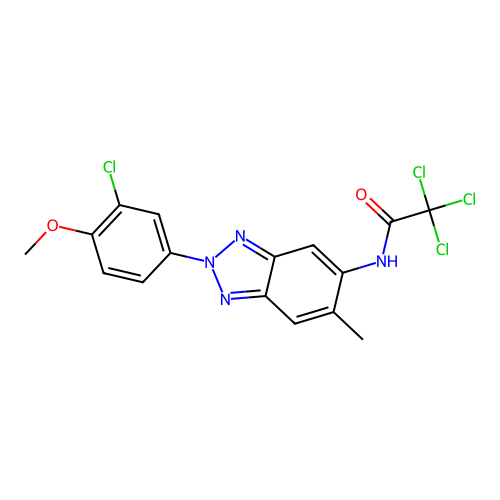 2,2,2-trichloro-N-[2-(3-chloro-4-methoxy-phenyl)-6-methyl-benzotriazol-5-yl]acetamide structure