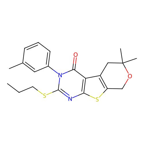 6,6-dimethyl-3-(3-methylphenyl)-2-(propylsulfanyl)-3,5,6,8-tetrahydro-4H-pyrano[4',3':4,5]thieno[2,3-d]pyrimidin-4-one structure
