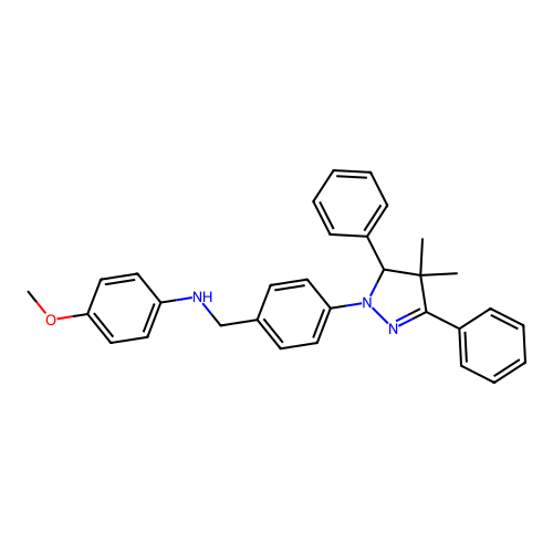 N-(4-(4,4-dimethyl-3,5-diphenyl-4,5-dihydro-1H-pyrazol-1-yl)benzyl)-4-methoxyaniline structure