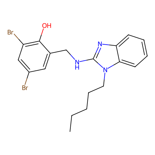 2,4-dibromo-6-{[(1-pentyl-1H-benzimidazol-2-yl)amino]methyl}phenol structure