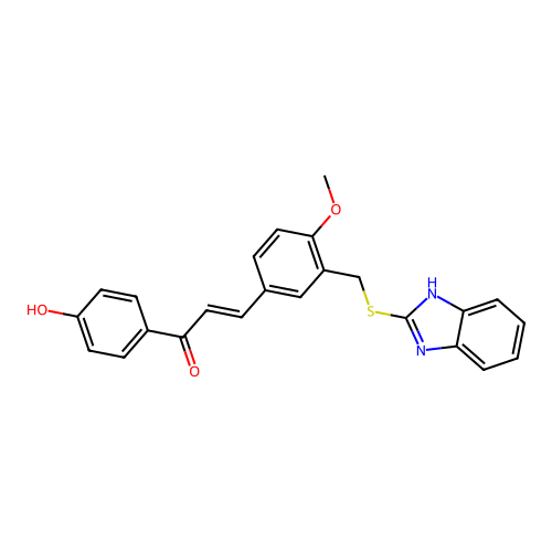 (2E)-3-[3-(benzimidazol-2-ylthiomethyl)-4-methoxyphenyl]-1-(4-hydroxyphenyl)pr op-2-en-1-one structure
