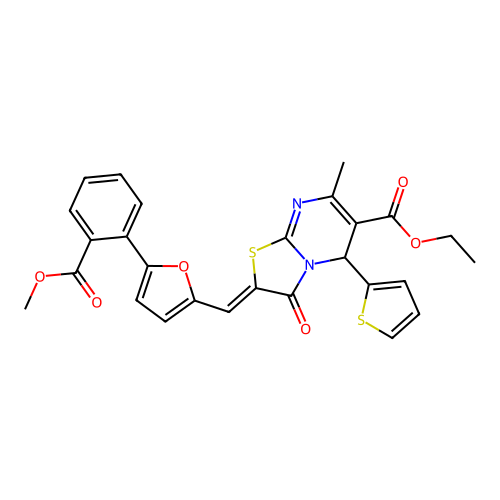 (Z)-ethyl 2-((5-(2-(methoxycarbonyl)phenyl)furan-2-yl)methylene)-7-methyl-3-oxo-5-(thiophen-2-yl)-3,5-dihydro-2H-thiazolo[3,2-a]pyrimidine-6-carboxylate structure