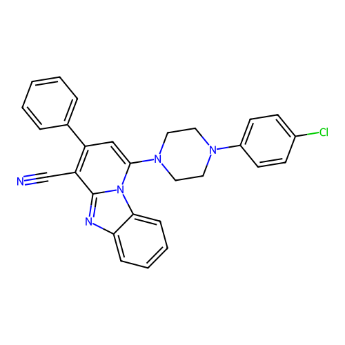 1-[4-(4-chlorophenyl)piperazin-1-yl]-3-phenylpyrido[1,2-a]benzimidazole-4-carbonitrile structure