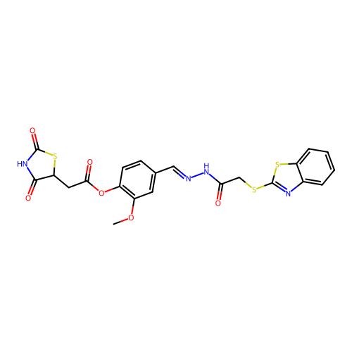(E)-4-((2-(2-(benzo[d]thiazol-2-ylthio)acetyl)hydrazono)methyl)-2-methoxyphenyl 2-(2,4-dioxothiazolidin-5-yl)acetate structure