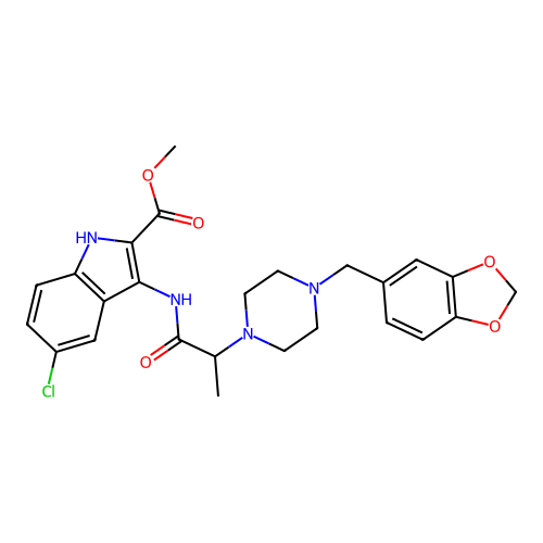 methyl 3-({2-[4-(1,3-benzodioxol-5-ylmethyl)piperazin-1-yl]propanoyl}amino)-5-chloro-1H-indole-2-carboxylate structure