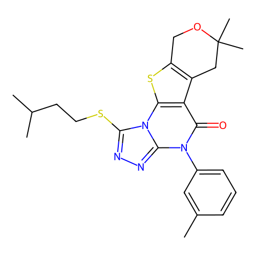 1-(isopentylthio)-7,7-dimethyl-4-(m-tolyl)-6,7-dihydro-4H-pyrano[4',3':4,5]thieno[3,2-e][1,2,4]triazolo[4,3-a]pyrimidin-5(9H)-one structure