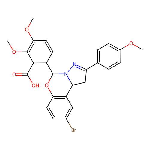 6-(9-bromo-2-(4-methoxyphenyl)-5,10b-dihydro-1H-benzo[e]pyrazolo[1,5-c][1,3]oxazin-5-yl)-2,3-dimethoxybenzoic acid structure