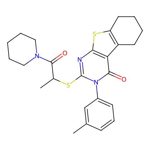 2-((1-oxo-1-(piperidin-1-yl)propan-2-yl)thio)-3-(m-tolyl)-5,6,7,8-tetrahydrobenzo[4,5]thieno[2,3-d]pyrimidin-4(3H)-one structure