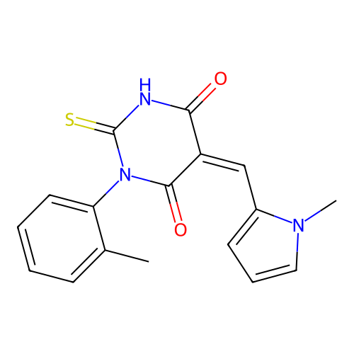 (5Z)-1-(2-methylphenyl)-5-[(1-methyl-1H-pyrrol-2-yl)methylidene]-2-sulfanylpyrimidine-4,6(1H,5H)-dione structure