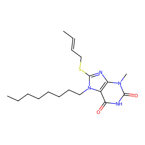 8-[(E)-but-2-enyl]sulfanyl-3-methyl-7-octylpurine-2,6-dione structure