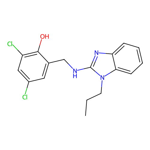 2,4-dichloro-6-{[(1-propyl-1H-benzimidazol-2-yl)amino]methyl}phenol structure
