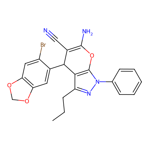 6-amino-4-(6-bromo-1,3-benzodioxol-5-yl)-1-phenyl-3-propyl-1,4-dihydropyrano[2,3-c]pyrazole-5-carbonitrile structure