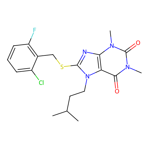 8-[(2-chloro-6-fluorobenzyl)sulfanyl]-1,3-dimethyl-7-(3-methylbutyl)-3,7-dihydro-1H-purine-2,6-dione structure