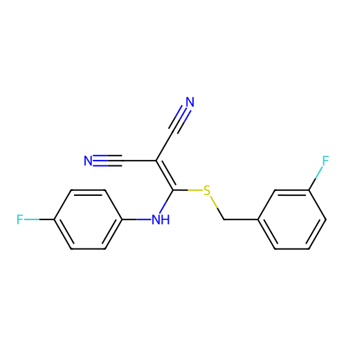 {[(3-Fluorobenzyl)sulfanyl][(4-fluorophenyl)amino]methylidene}propanedinitrile structure