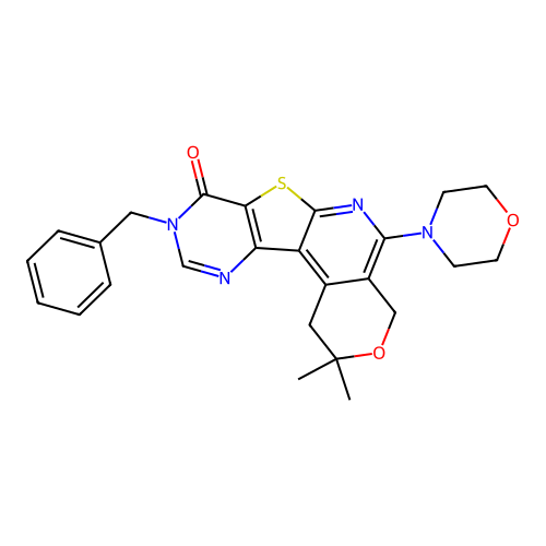 9-benzyl-2,2-dimethyl-5-(morpholin-4-yl)-1,4-dihydro-2H-pyrano[4'',3'':4',5']pyrido[3',2':4,5]thieno[3,2-d]pyrimidin-8(9H)-one structure