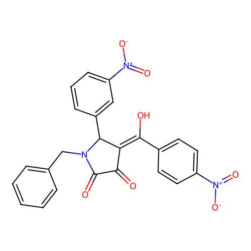 (4E)-1-benzyl-4-[hydroxy(4-nitrophenyl)methylidene]-5-(3-nitrophenyl)pyrrolidine-2,3-dione structure