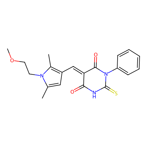 (E)-5-((1-(2-methoxyethyl)-2,5-dimethyl-1H-pyrrol-3-yl)methylene)-1-phenyl-2-thioxodihydropyrimidine-4,6(1H,5H)-dione structure