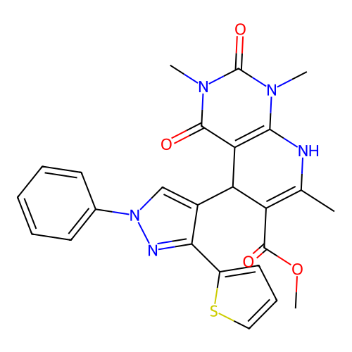 methyl 1,3,7-trimethyl-2,4-dioxo-5-[1-phenyl-3-(thiophen-2-yl)-1H-pyrazol-4-yl]-1,2,3,4,5,8-hexahydropyrido[2,3-d]pyrimidine-6-carboxylate structure