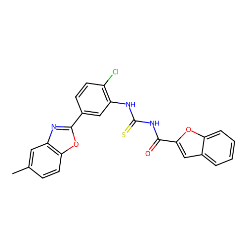 N-{[2-chloro-5-(5-methyl-1,3-benzoxazol-2-yl)phenyl]carbamothioyl}-1-benzofuran-2-carboxamide structure